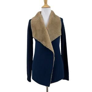 Lovestitch Cardigan Womens Small Navy Tan Faux Shearling Wide Shawl Open Front